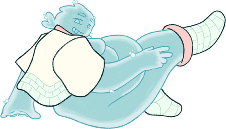 Milly (it/its), drawn sitting with a leg sticking up and giving a loose peace sign, looking back at the viewer with a grin. Drawn for fourleafisland's Brush Week.